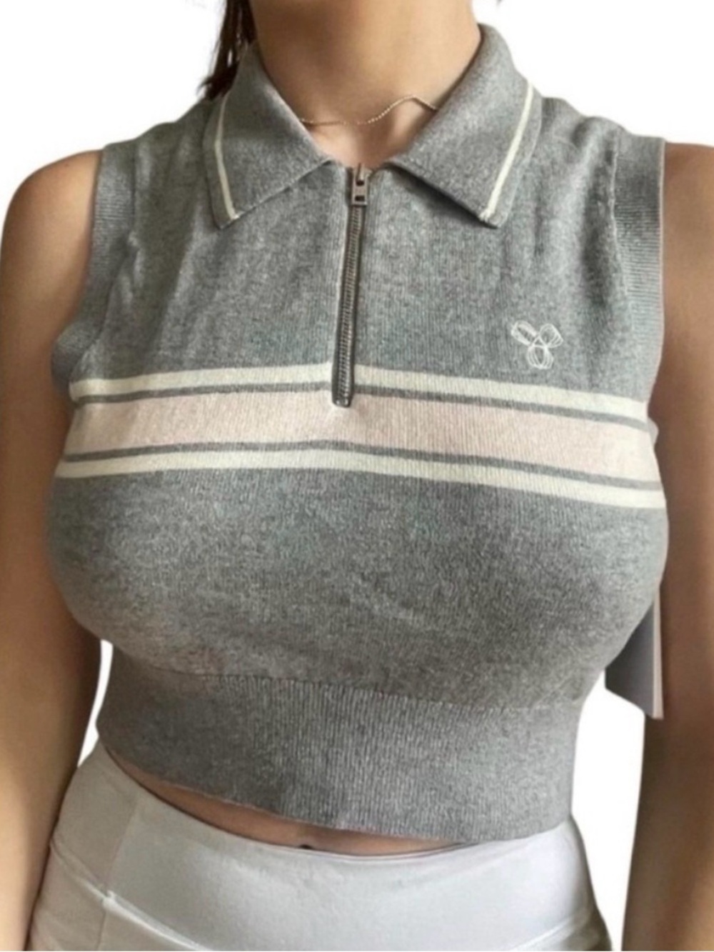 Aritzia TNA Bayport Cropped Collared Sweater Top Heather Dove Grey Crystal Pink